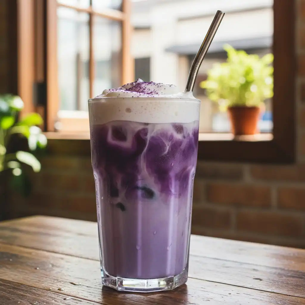 Latte glacé à l'Ube crémeux réalisé par Anne-Sophie, cliente de MyUbe, pour son témoignage