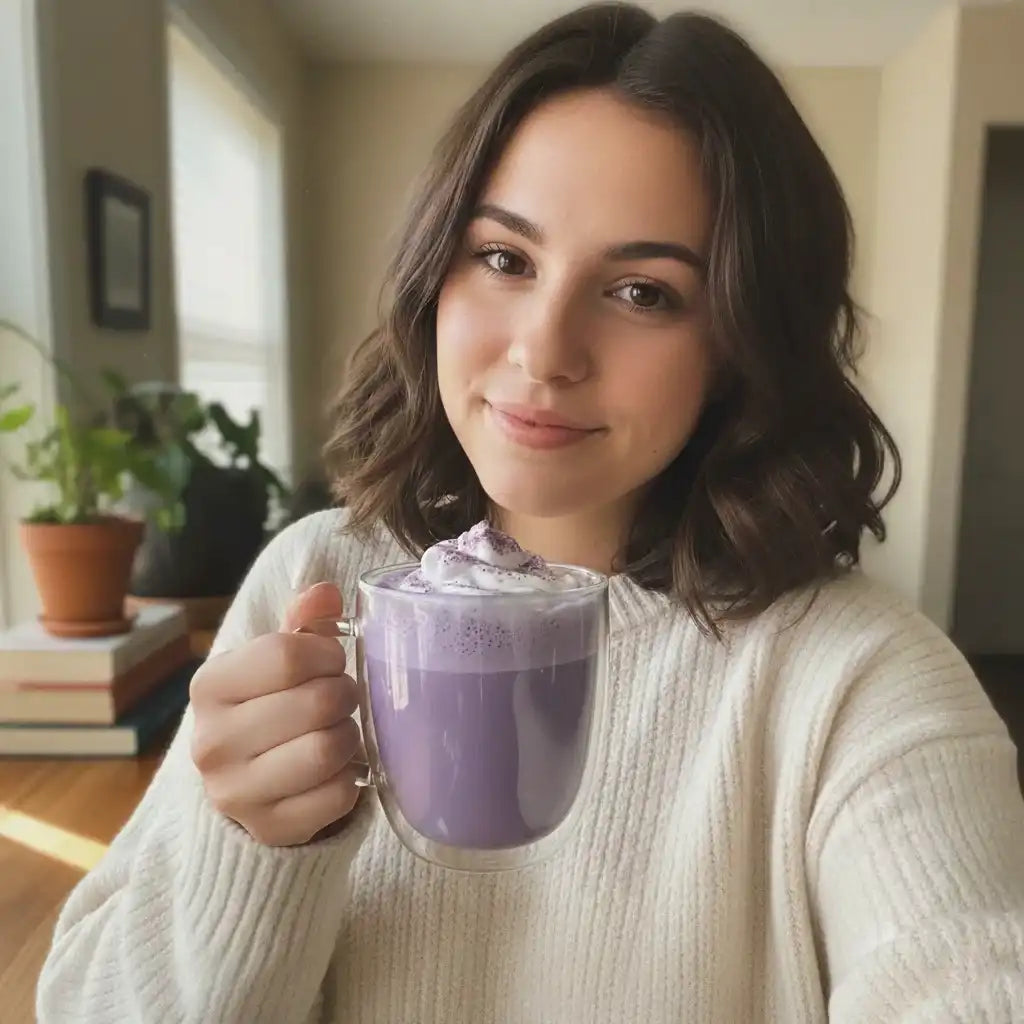 Sarah, cliente MyUbe, souriante et satisfaite avec sa boisson chaude à l'Ube faite maison