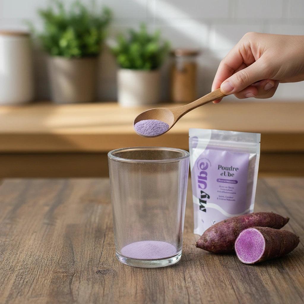 Étape 1 de la préparation du latte Ube : verser une cuillère de poudre MyUbe dans un verre