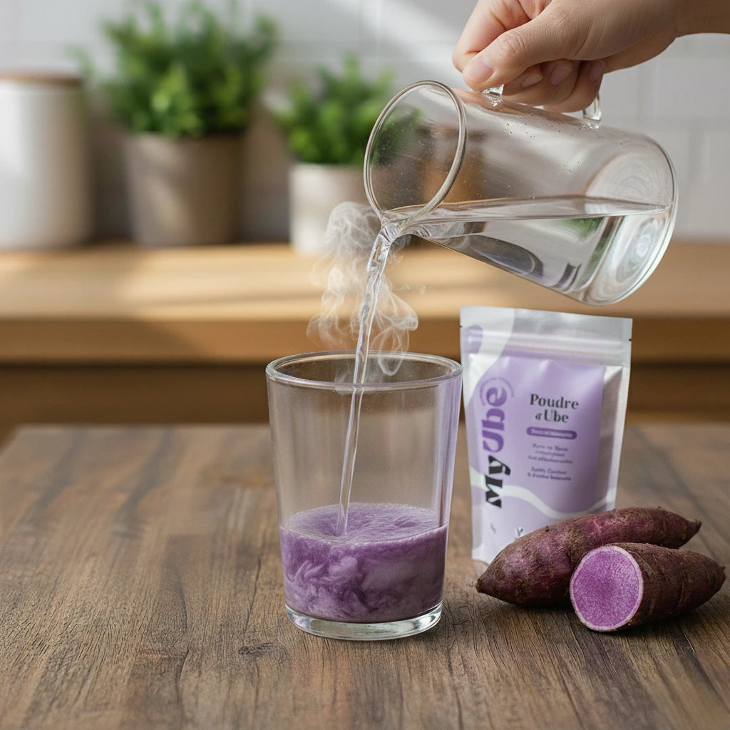 Étape 2 de la recette du latte Ube : mélanger la poudre avec de l'eau chaude pour une base lisse