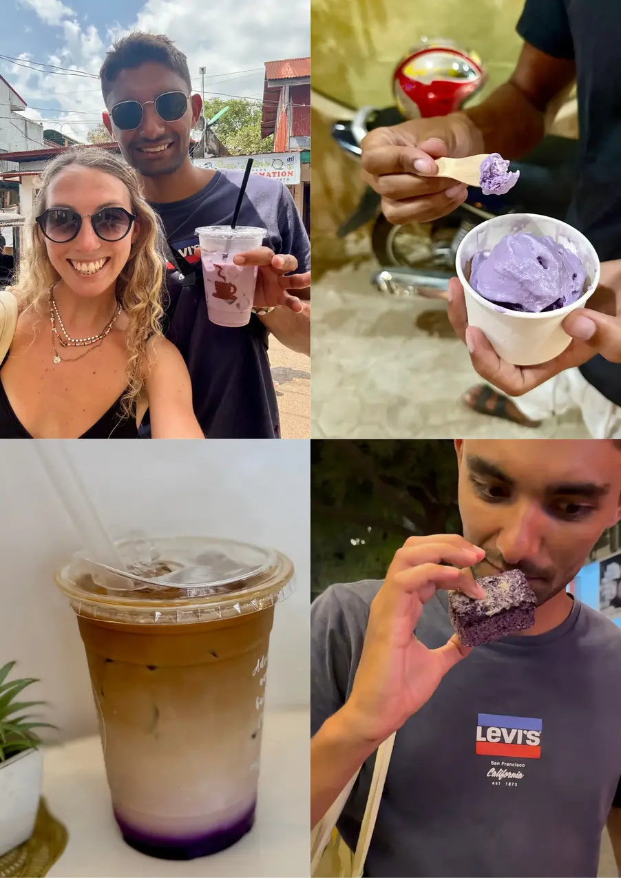 Montage photo des fondateurs de MyUbe, Charlotte et Jules, goûtant à des spécialités à l'Ube durant leur voyage aux Philippines, là où l'histoire de la marque a commencé