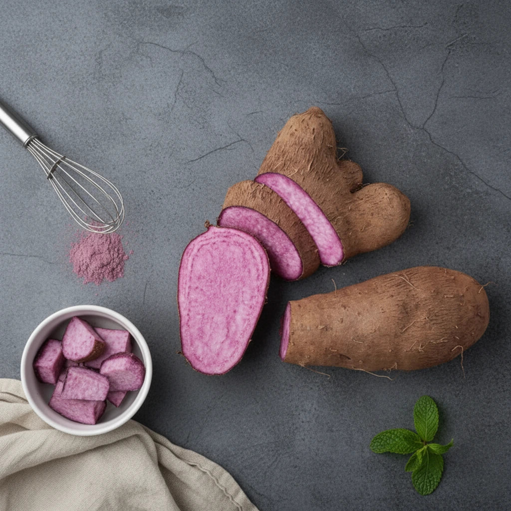 Racines d'Ube fraîches et poudre violette 100% naturelle, l'ingrédient au cœur des bienfaits MyUbe.